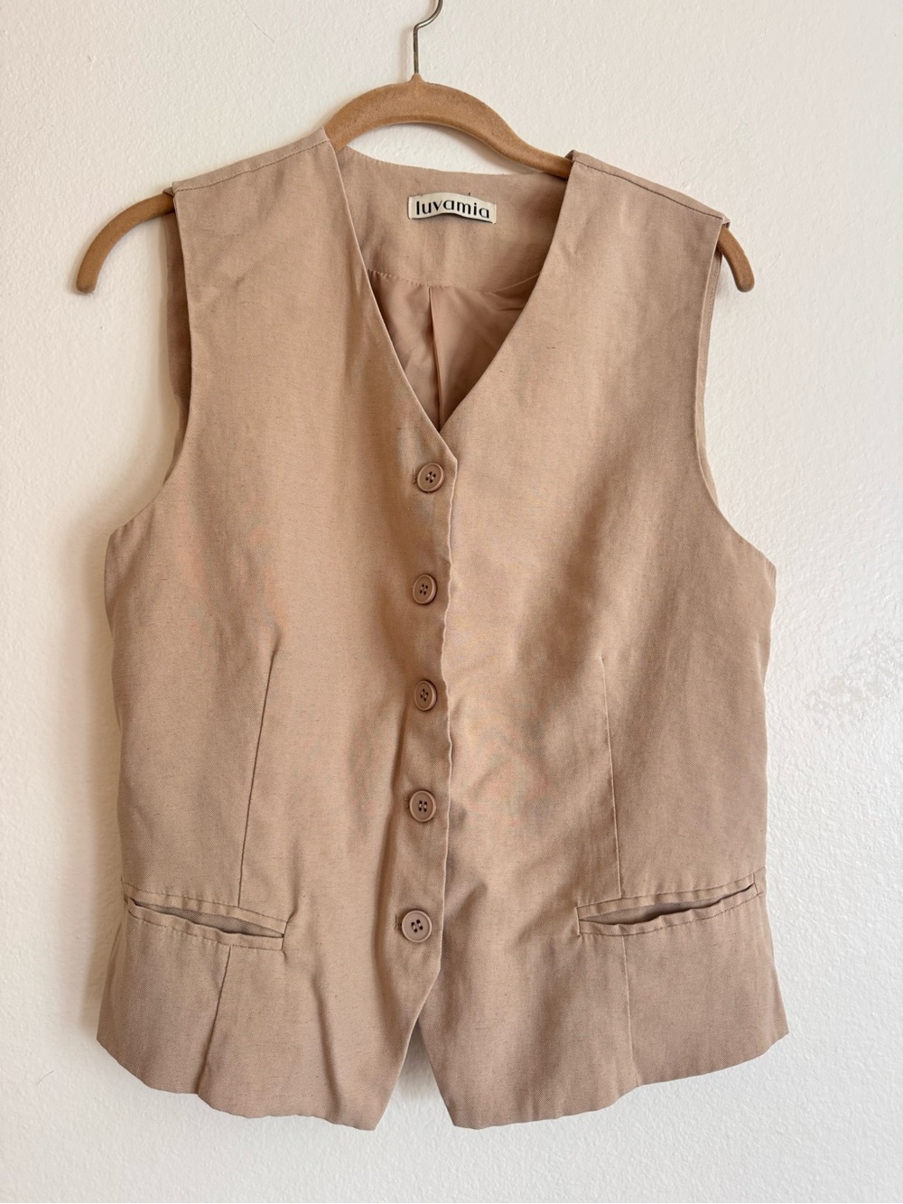 Vintage Luvamia Tan Button Front Linen Blend Vest S Academia Cottage Core Boho